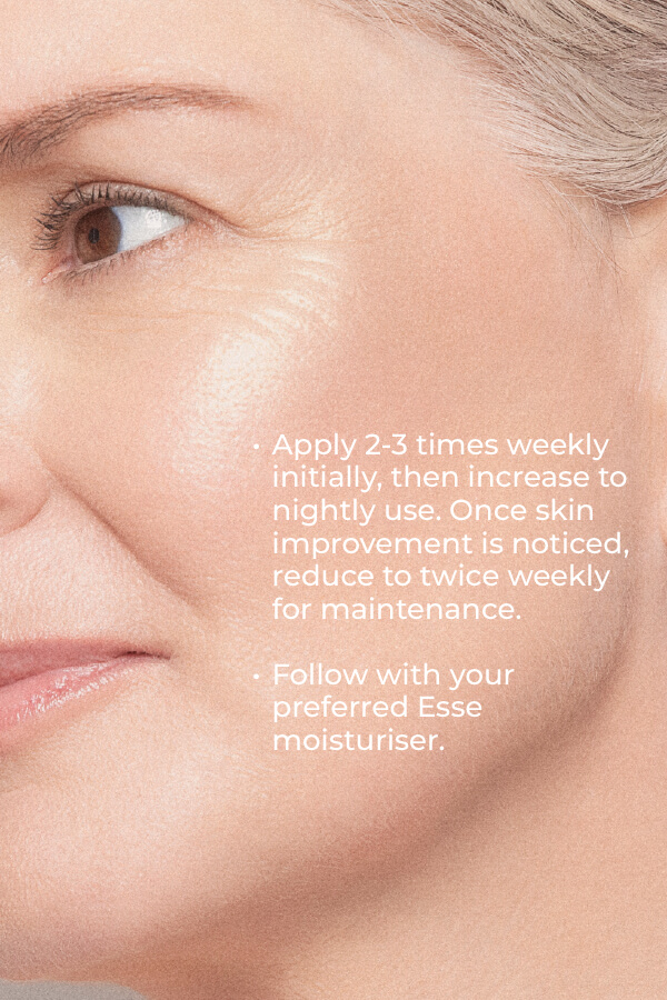A close-up of a woman’s glowing skin. Text explains: Apply Esse Probiotic Serum 2-3 times weekly, increase to nightly use, then reduce for maintenance. Follow with Esse moisturizer.