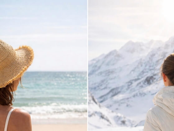 Split image: On the left, a person in a straw hat looks at the ocean from a sandy beach; on the right, another in a winter coat gazes at snowy mountains—both pondering the causes of accelerated ageing amidst changing climates.