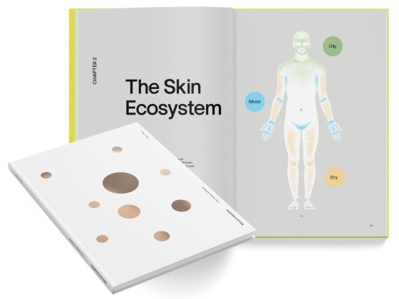 An open book titled “The Skin Ecosystem” displays a diagram of a body labeled by moisture zones, next to a closed copy. The cover, featuring scattered metallic circles, explores why sensitive skin became the norm.